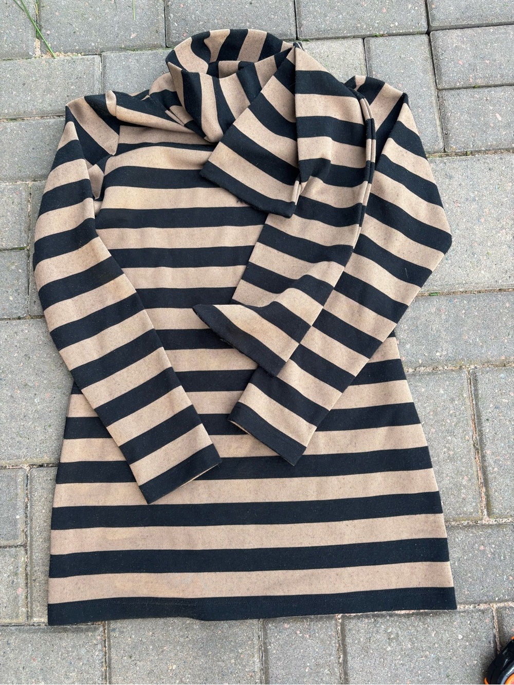 Striped Black and Tan Women’s Dress with attached Scarf